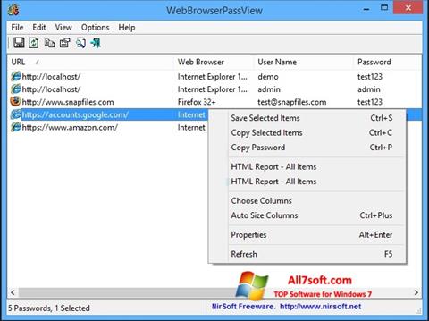 Petikan skrin WebBrowserPassView untuk Windows 7