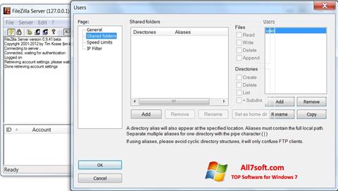 Petikan skrin FileZilla Server untuk Windows 7