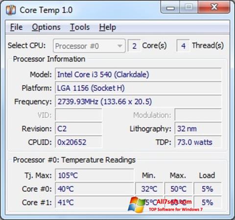 Petikan skrin Core Temp untuk Windows 7