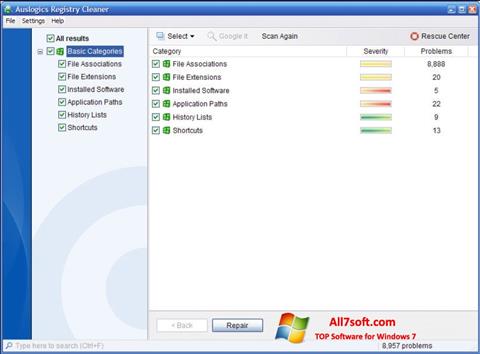 Petikan skrin Auslogics Registry Cleaner untuk Windows 7
