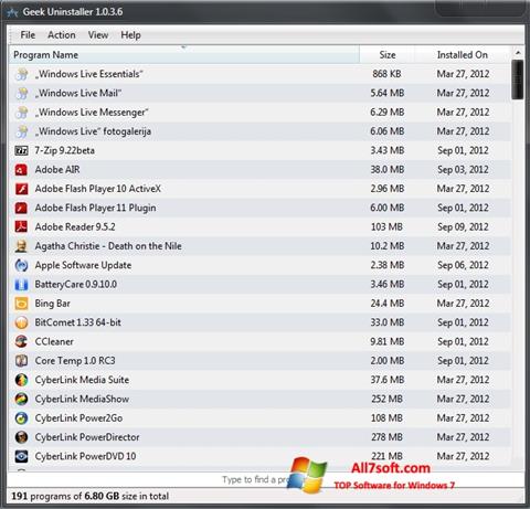 Petikan skrin Geek Uninstaller untuk Windows 7