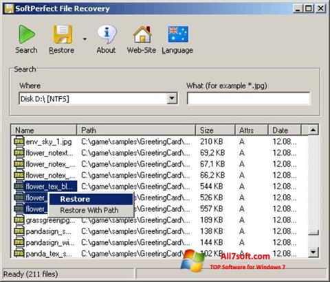 Petikan skrin SoftPerfect File Recovery untuk Windows 7
