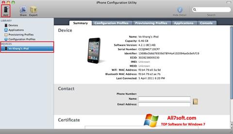 Petikan skrin iPhone Configuration Utility untuk Windows 7